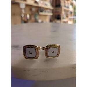 Nice Vintage! Christian Dior Gold White Square Cuff Links Gold Tone Business CD
